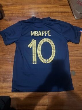 Navy Blue Mbappé #10 Soccer Jersey with Gold Lettering